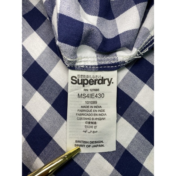 Superdry Men's Gingham Check Shirt Medium Blue‎ White Long Sleeve Casual Cotton - Picture 7 of 8